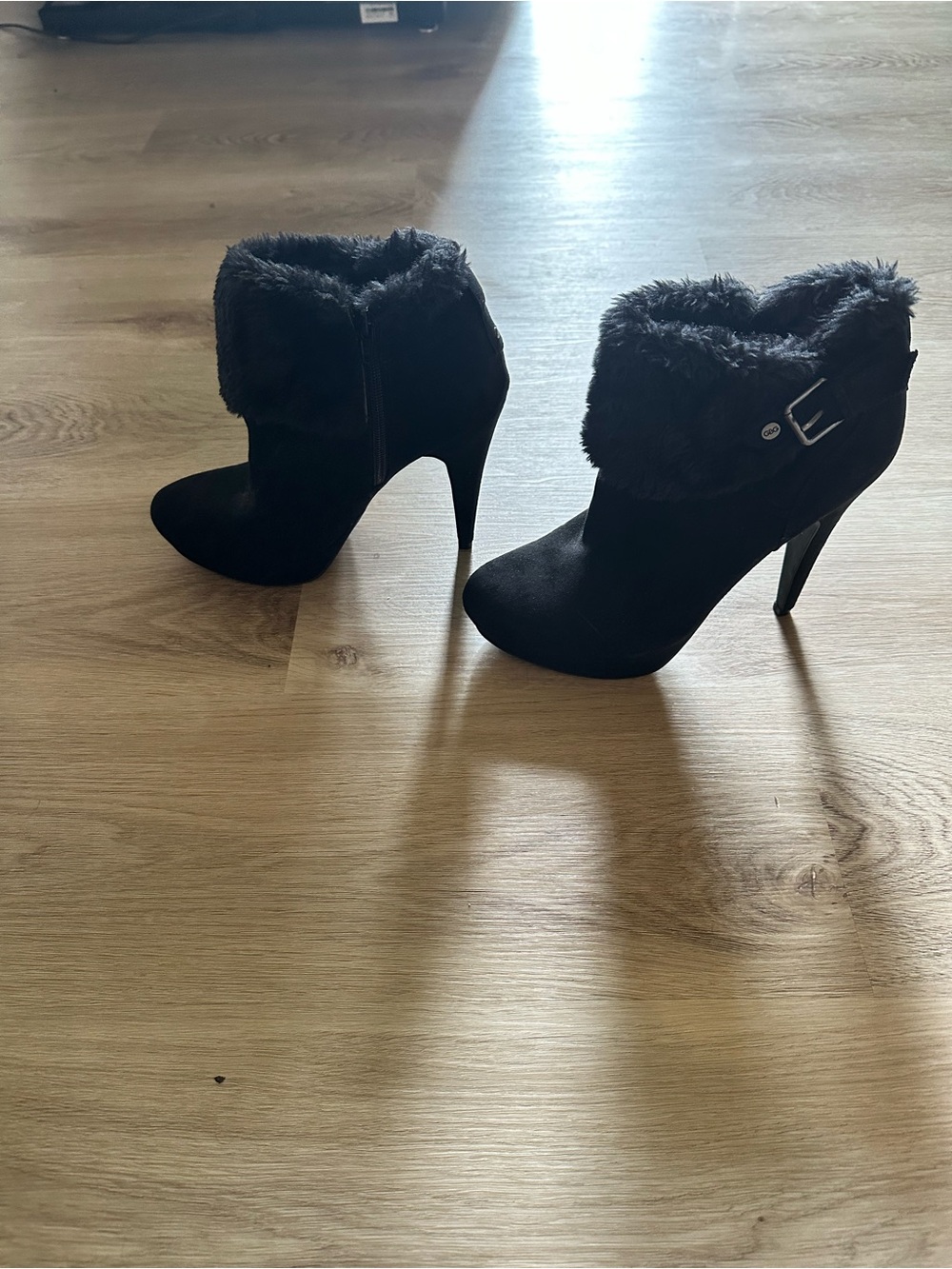Guess Black Faux Fur Cuff High-Heel Ankle Boots